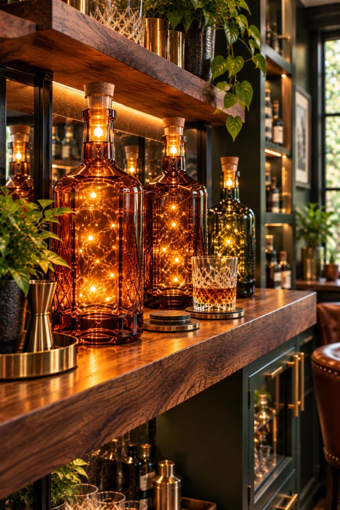 Easy whiskey bottle lights for amber glow and vintage home bar charm featuring warm LED cork lights, vintage-style whiskey bottles, walnut shelving, and elegant brass accents.