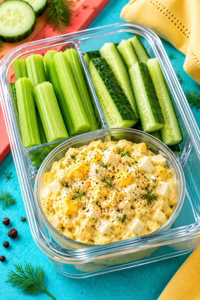 Egg salad keto snack box with chopped hard-boiled eggs, mayonnaise, mustard, cucumber sticks, and celery for a crunchy low-carb meal-prep snack.