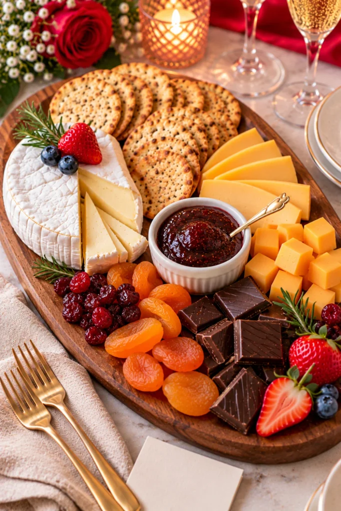 Elegant anniversary romantic charcuterie board with creamy brie, gouda cheese, dried apricots, cranberries, artisan crackers, berry jam, and dark chocolate for a special date night.