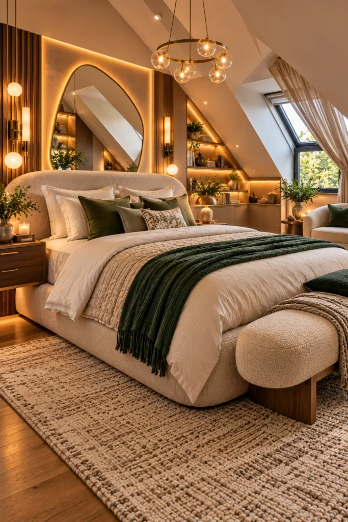 Elegant attic bedroom with layered warm lighting, upholstered bed, wall sconces, pendant lights, illuminated mirror, custom eave cabinets, and modern chandelier.