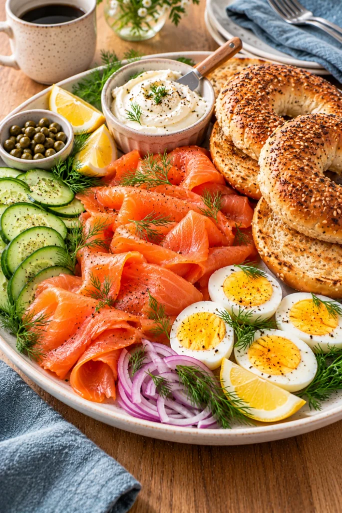 Elegant breakfast platter with smoked salmon, toasted bagels, cream cheese, boiled eggs, cucumber slices, fresh dill, lemon wedges, and capers for a modern brunch.