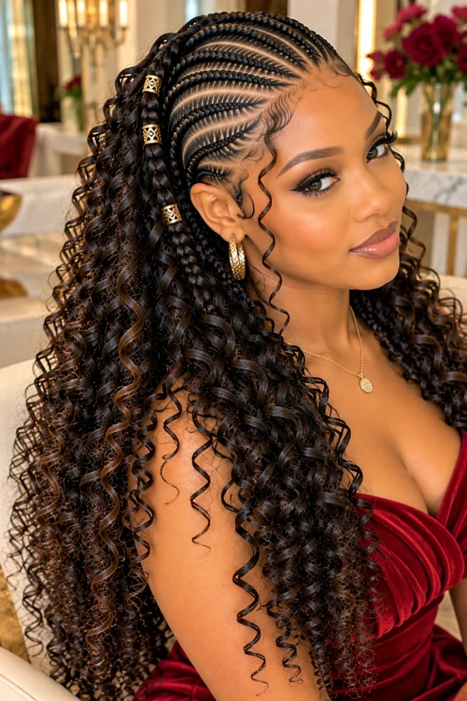 Elegant cornrow hairstyle with polished scalp braids flowing into long romantic curls on a Black woman, photographed in a close three-quarter view with refined gold accents and sophisticated contemporary styling.