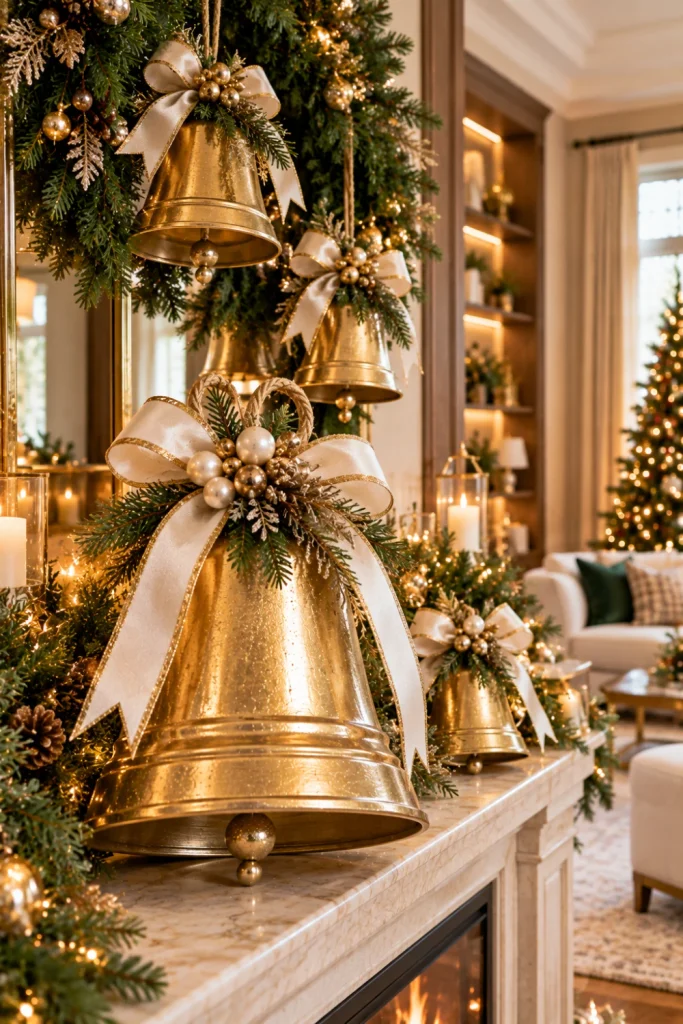 Elegant gold DIY Christmas bells with champagne metallic finishes and satin ribbons styled with evergreen wreaths and warm lighting on a luxurious modern holiday mantel.