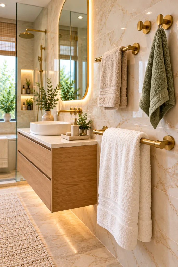 Elegant gold towel bars and designer wall hooks displaying plush white and beige towels in a modern luxury bathroom with marble walls, a backlit mirror, warm wood cabinetry, and refined brass fixtures.