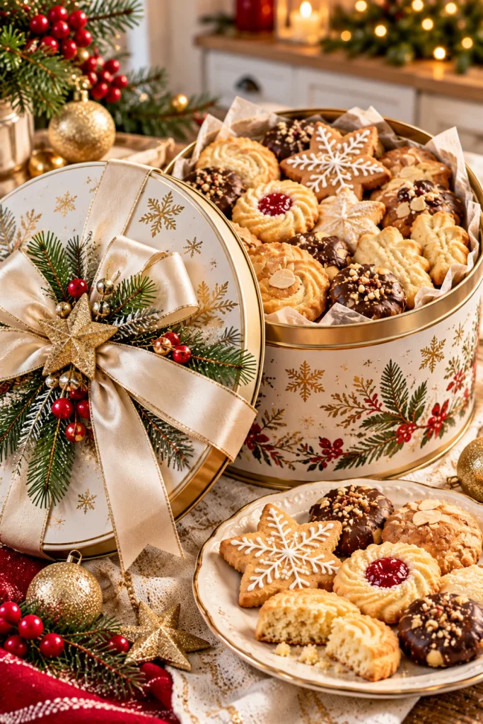 Elegant gold and white upcycled Christmas cookie tin decorated with ivory satin ribbon and a champagne-gold star, filled with golden butter cookies, almond shortbread, and chocolate-dipped holiday biscuits.