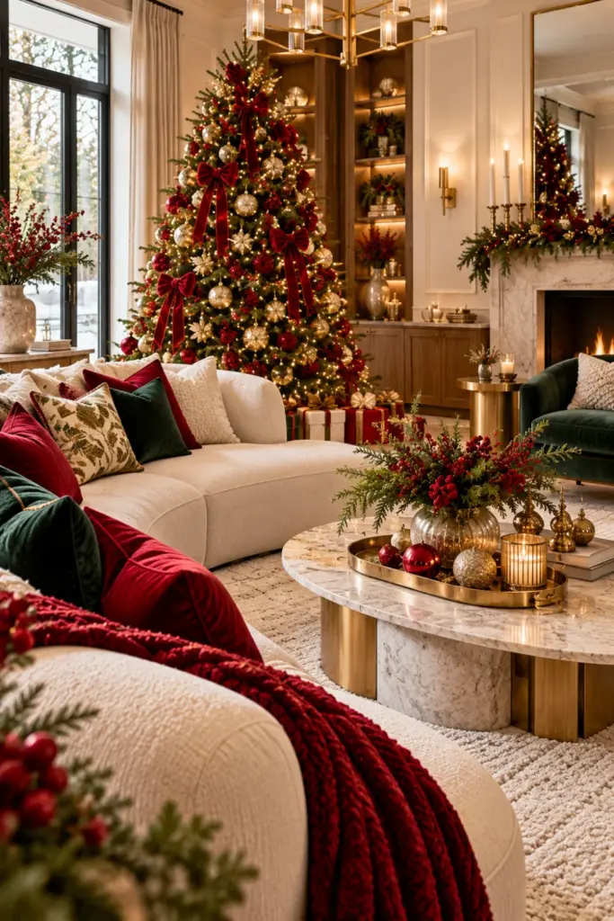 Elegant luxury Christmas living room featuring a green Christmas tree with red and gold ornaments, a cream designer sofa, champagne-gold accents, a marble coffee table, and sophisticated warm lighting.