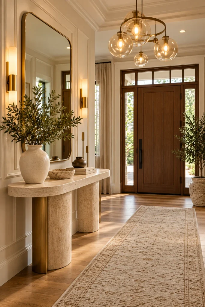 Elegant modern entryway ideas featuring a sculptural pendant chandelier, a sophisticated cream and taupe color palette, marble-look console table, oversized statement mirror, and luxurious contemporary foyer lighting.