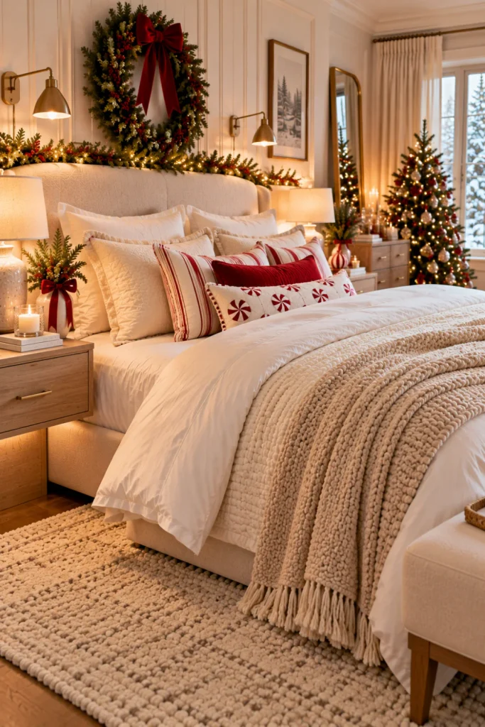 Cozy Christmas bedroom decor ideas for a festive retreat featuring elegant cream bedding, subtle peppermint pillows, muted red accents, natural wood furniture, soft textures, warm lighting, and sophisticated minimalist Christmas decor.