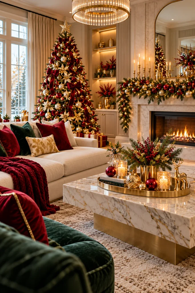 Luxurious Christmas living room with burgundy velvet cushions, forest-green garlands, brushed-gold ornaments, an elegant fireplace, and sophisticated festive lighting.