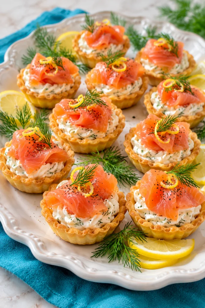 Elegant smoked salmon and cream cheese tartlets topped with folded pink salmon, fresh dill, black pepper, and lemon zest on an ivory platter, perfect for sophisticated party appetizers.
