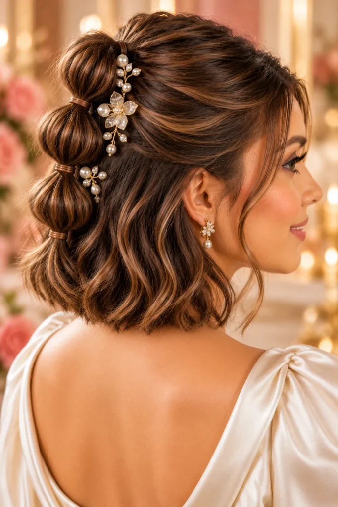Elegant half-up bubble braids on a short bob with soft waves, delicate pearl hair pins, and a romantic wedding guest hairstyle.