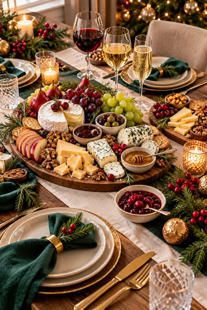 Elegant wine and cheese party table setup with wooden serving boards, wine glasses, linen napkins, candles, greenery, and festive Christmas accents for hosting a wine tasting at home.