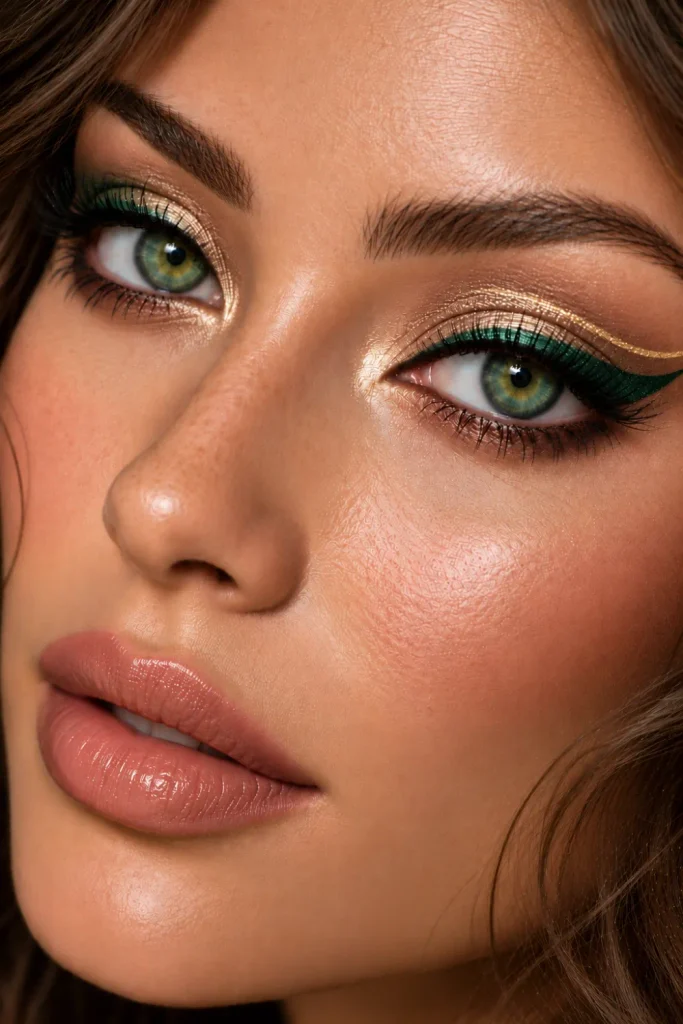 Emerald graphic eyeliner for green eyes featuring a crisp extended green wing, delicate gold accent line, neutral taupe eyeshadow, and naturally defined lashes in a contemporary editorial makeup look.