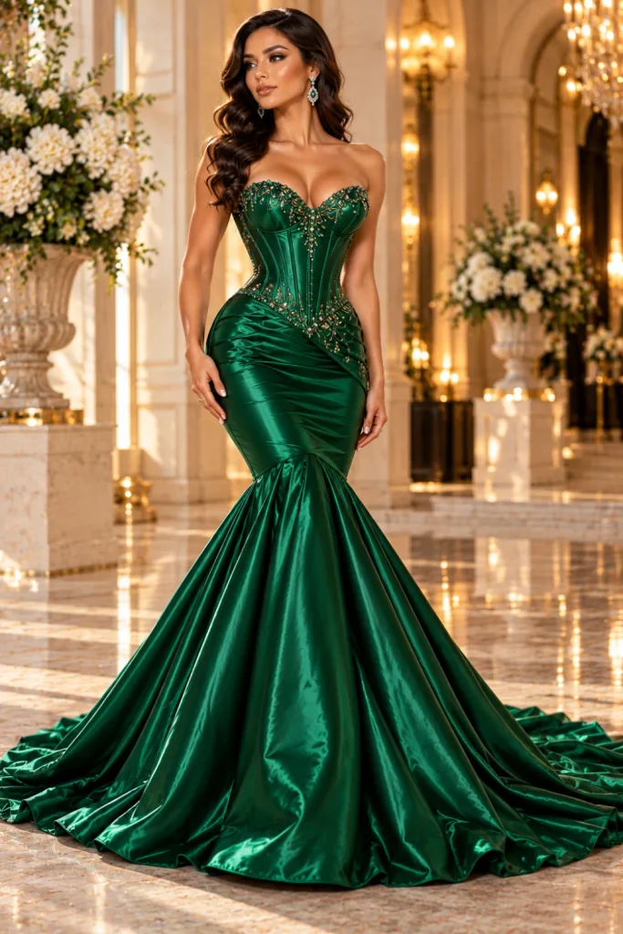 Emerald-green mermaid corset gown with a sculpted sweetheart bodice, fitted silhouette, subtle crystal embellishments, and dramatic flared train for glamorous Y2K evening style.