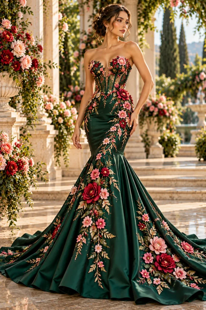 Emerald green mermaid floral embroidered gown with coral roses, champagne-gold botanical stitching, a fitted silhouette, and an elegant sweeping train.