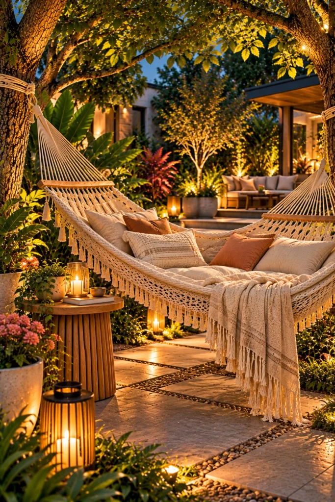 Elegant evening backyard tree hammock retreat with warm lantern lighting, layered greenery, plush cushions, modern landscaping, and a luxurious cozy outdoor atmosphere.
