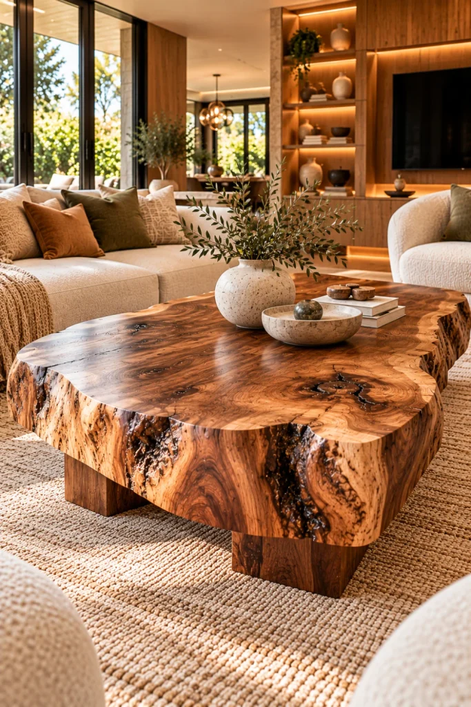 Extra-thick live-edge statement slab coffee table with dramatic wood grain in a luxurious organic modern living room with cream sofa, textured rug, sculptural chairs, and warm contemporary lighting