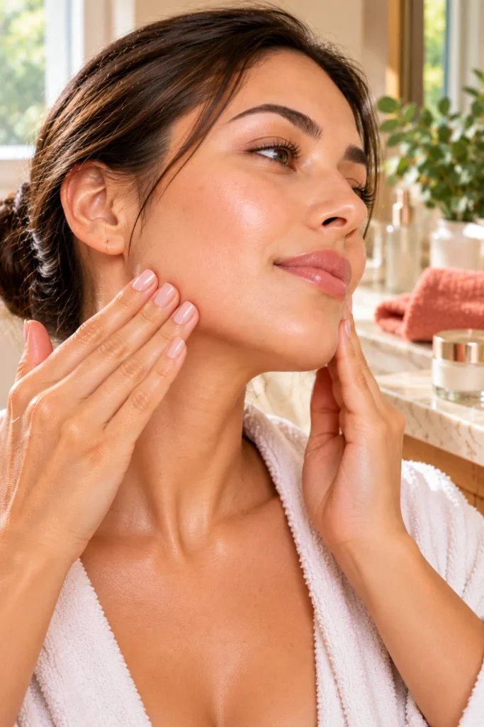 Close-up of a woman gently massaging outward along her jawline and cheeks toward her ears to support a refreshing daily facial massage routine.