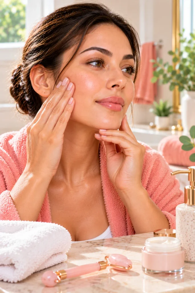 Close-up of a woman checking her gentle facial massage technique beside a clean skincare towel and facial roller, illustrating how to avoid excessive pressure and skin irritation.