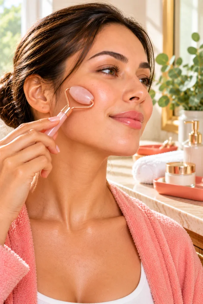 Woman using a chilled rose-quartz facial roller to gently massage her cheek outward toward her ear as part of a morning facial puffiness skincare routine.