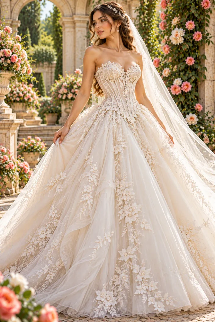 Fairytale ivory tulle corset wedding dress with an embroidered structured bodice, a voluminous layered skirt, and a romantic veil in a colorful garden setting.