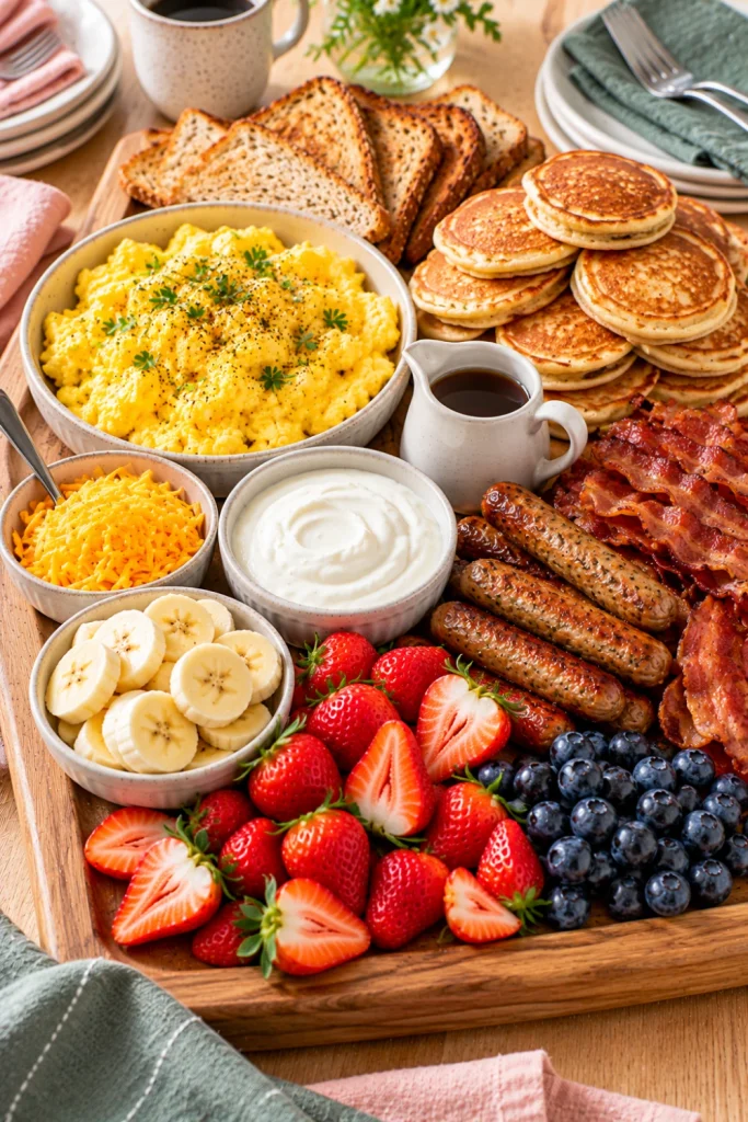 Family breakfast platter with scrambled eggs, mini pancakes, bacon, sausage, toast, fresh berries, banana slices, shredded cheese, yogurt, and maple syrup for a customizable weekend brunch.