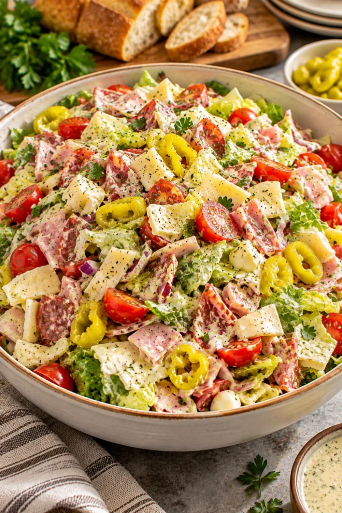 Family-style Italian Grinder Chopped Salad With Creamy Italian Dressing featuring lettuce, salami, ham, provolone, mozzarella, tomatoes, red onion, and pepperoncini.