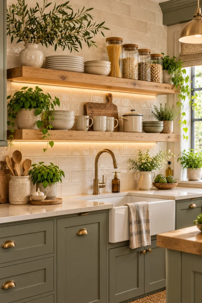 Farmhouse floating kitchen shelf ideas with rustic oak shelves, cream stoneware, glass pantry jars, sage-green cabinets, and elegant country kitchen decor.