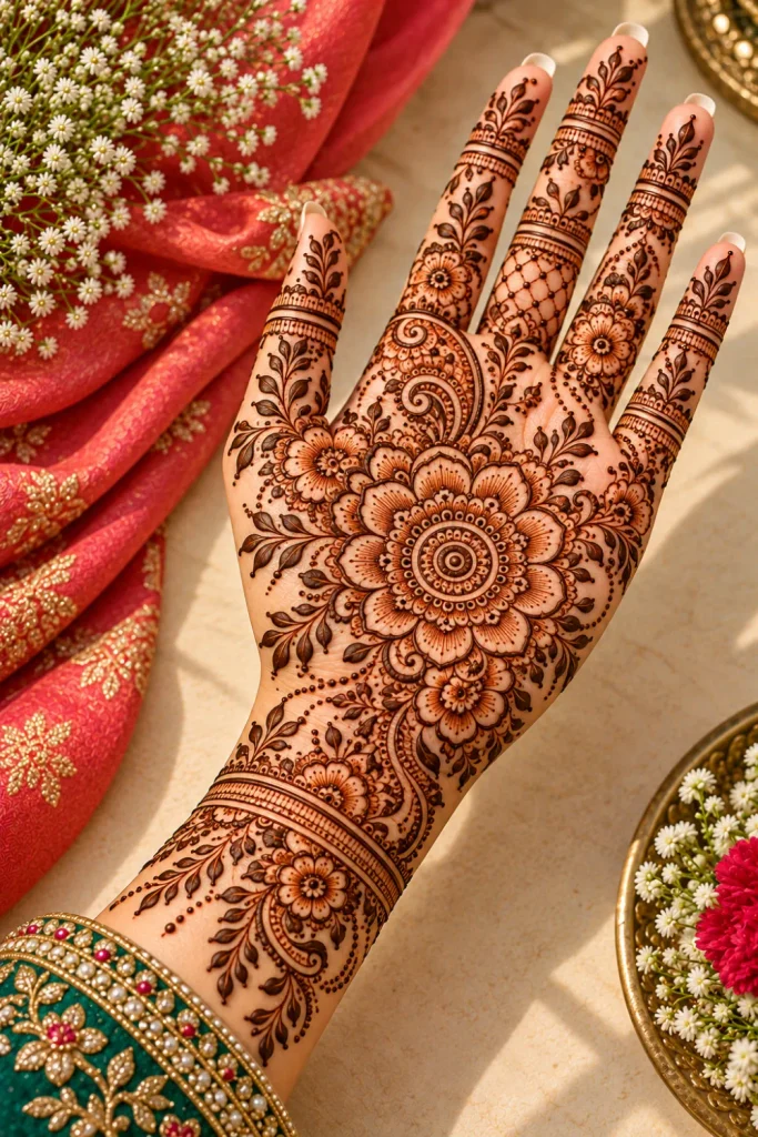 Festive floral mandala full-hand mehndi design with layered flower petals, rose-inspired blooms, leafy vines, paisley accents, and coordinated finger decorations.