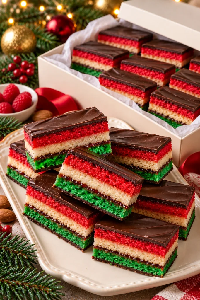 Festive Italian rainbow cookies layered with almond cake, raspberry jam, green and red filling, and chocolate coating, neatly sliced for a colorful Christmas dessert platter and gift box.