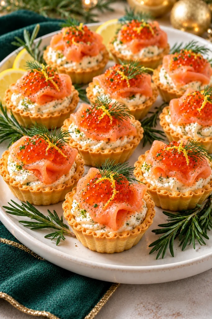 Festive smoked salmon and roe tartlets with cream cheese, fresh dill, and lemon zest on an ivory platter with subtle Christmas greenery, ideal for elegant holiday party appetizers.