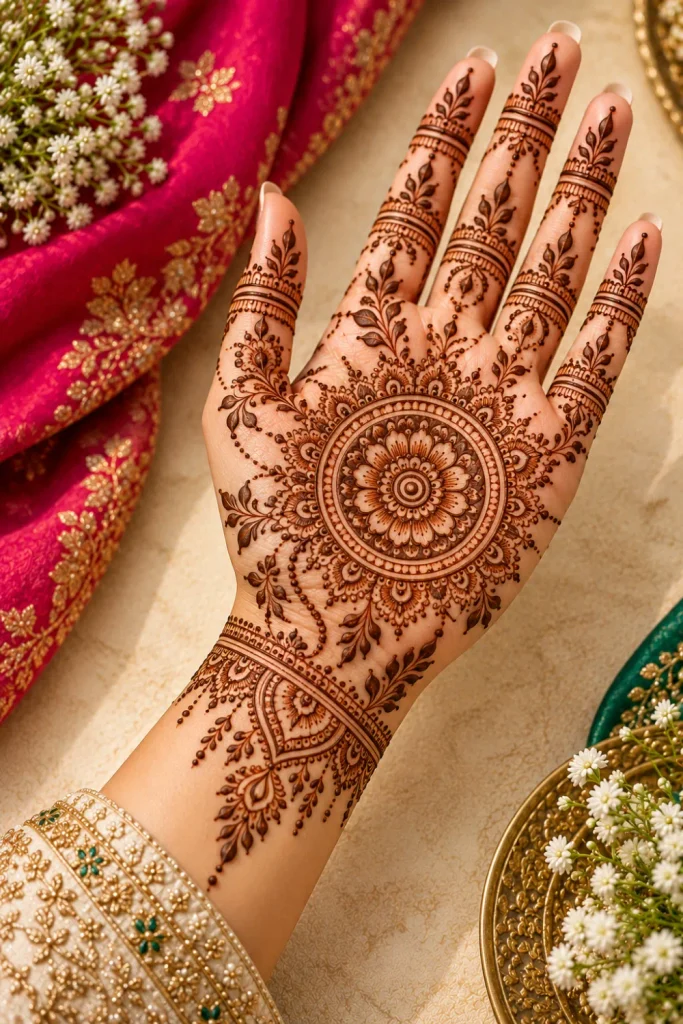 Fine-line full-hand mandala mehndi design with delicate circular petals, thin ornamental lines, subtle finger patterns, and elegant negative space on the palm.