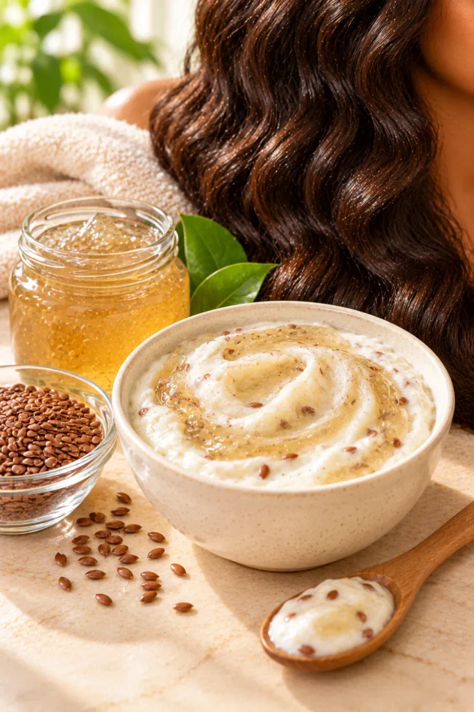 Homemade flaxseed and curd hair mask for dry, frizzy hair in a ceramic bowl with golden flaxseed gel, natural ingredients, and soft, defined dark curls.