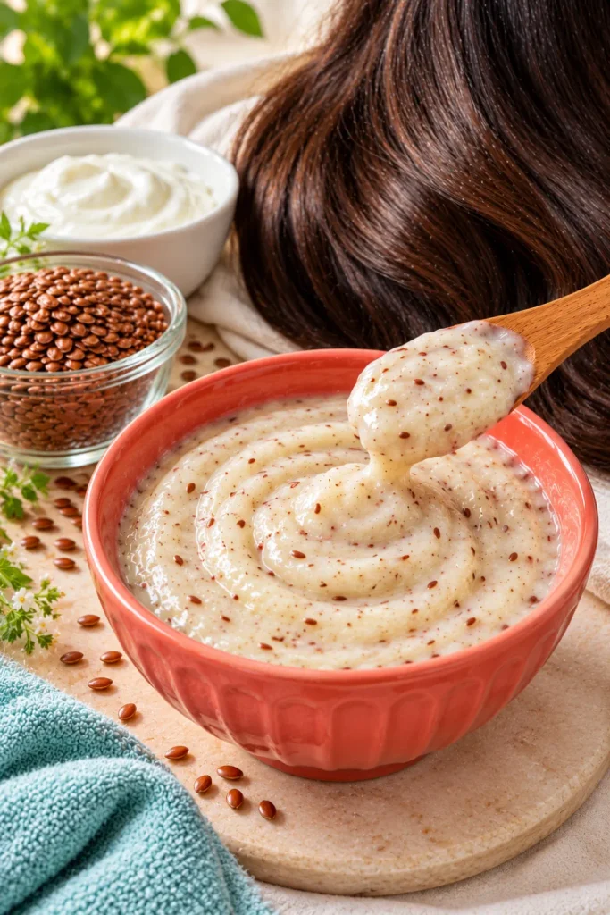 Flaxseed Gel and Curd Hair Mask for Silky Hair features a smooth homemade gel-and-curd mixture in a bright coral bowl, fresh flaxseeds, and soft, shiny-looking hair.