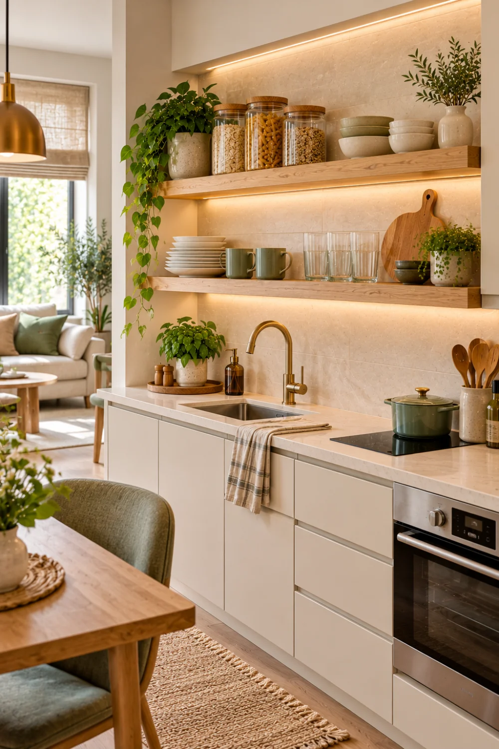 Floating kitchen shelf ideas for small homes featuring compact oak wall shelves, organized dishes, glass pantry jars, light cabinetry, and space-saving modern decor.