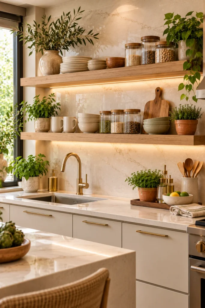 Floating kitchen shelf styling ideas featuring layered ceramic dishes, glass jars, a green potted herb, wooden cutting boards, and elegant modern kitchen decor.