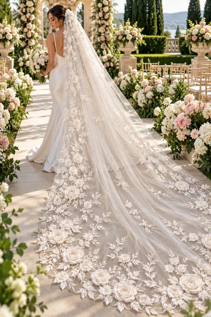 Long ivory floral cathedral bridal veil with intricate embroidered flower borders trailing behind a bride in a minimalist satin wedding dress along a sunlit garden aisle.
