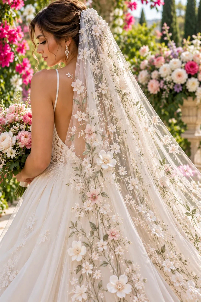 Sheer floral embroidered bridal veil with delicate wildflower motifs and botanical vines flowing over an ivory wedding gown in a romantic garden filled with colorful flowers.