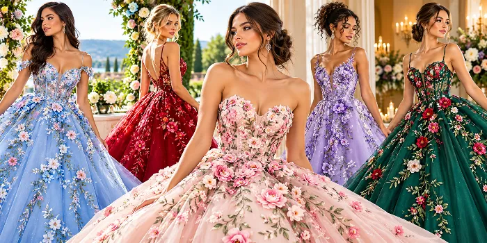 Floral embroidered gowns for weddings and prom featuring elegant blush pink, blue, burgundy, lavender, and emerald green ball gowns with intricate 3D floral appliqués and luxurious tulle skirts.