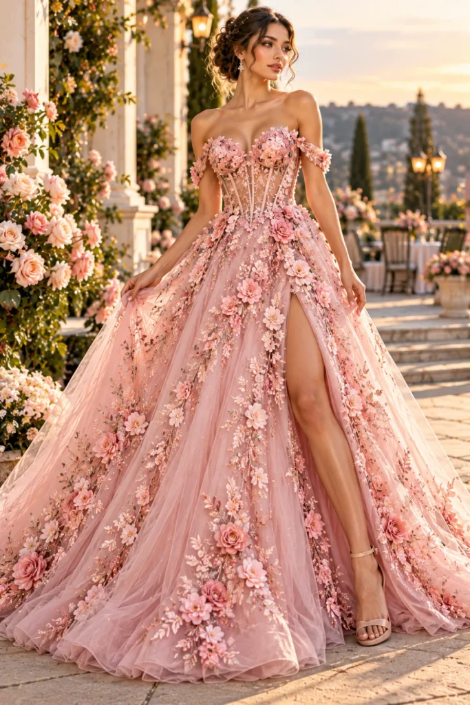 Modern blush pink floral embroidered prom dress with a fitted corset bodice, dimensional flower appliqués, and a flowing tulle skirt.