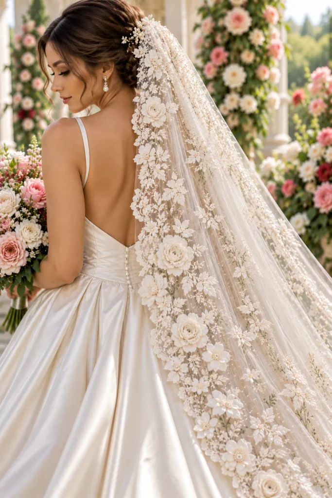 Elegant floral bridal veil with ivory embroidered blossoms and a delicate lace border paired with a minimalist satin wedding dress for a refined contemporary bridal look.
