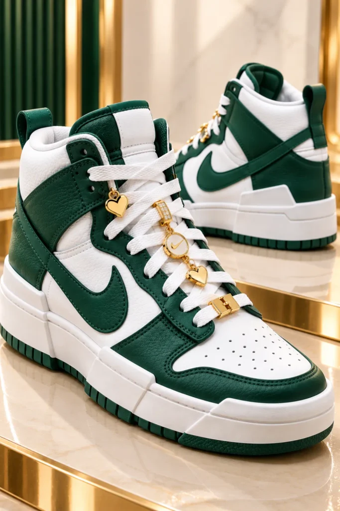 Forest green and white Nike Dunk High Disrupt sneakers with polished gold lace charms, deep green leather overlays, bright white panels, and a chunky sporty silhouette.