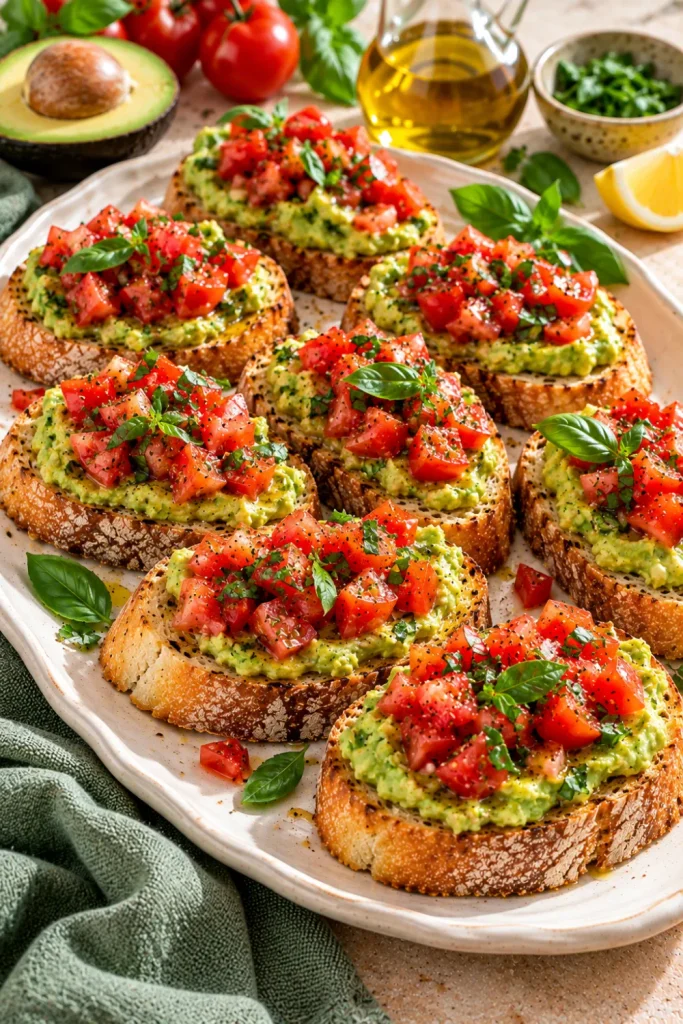 Fresh avocado and tomato bruschetta on toasted sourdough with creamy mashed avocado, diced ripe tomatoes, lemon juice, fresh basil, and herbs for colorful Italian party snacks.