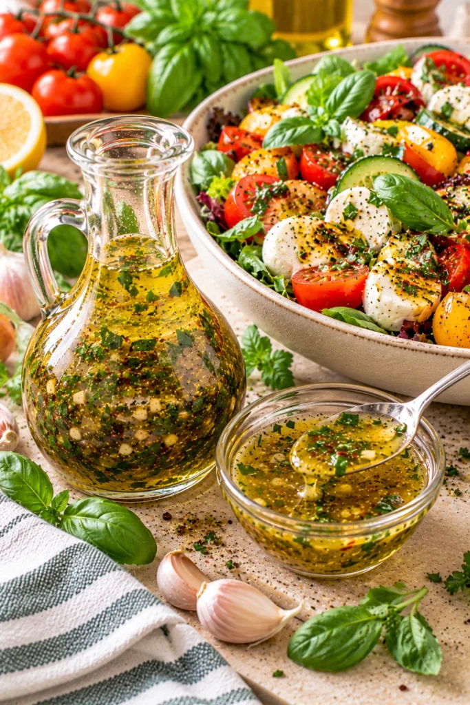 Fresh Italian basil vinaigrette with olive oil, basil, lemon, garlic, and vinegar served beside a colorful Caprese-inspired salad with tomatoes, mozzarella, greens, and fresh basil.