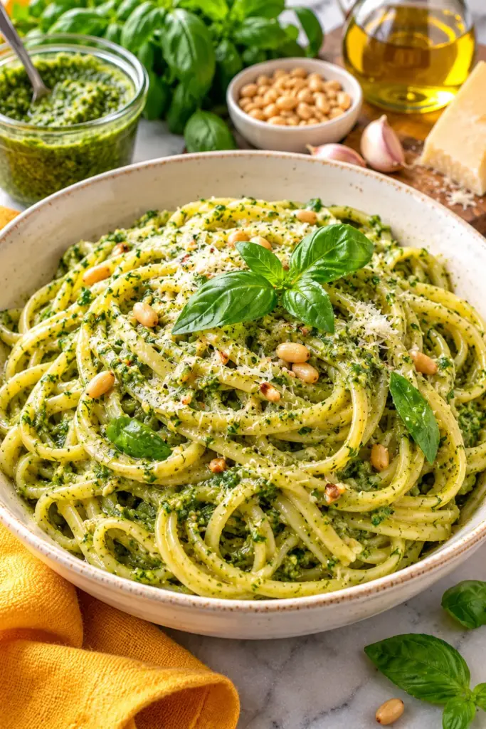 Fresh basil pesto pasta with vibrant green homemade basil sauce, Parmesan cheese, pine nuts, and olive oil, an easy pesto pasta sauce recipe for a quick Italian-inspired dinner.