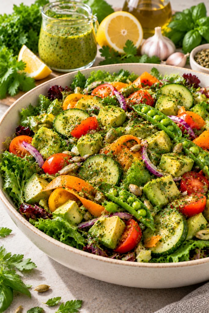 Fresh herb green vinaigrette coating a colorful salad with mixed greens, cucumber, avocado, cherry tomatoes, carrots, snap peas, red onion, parsley, basil, and cilantro.