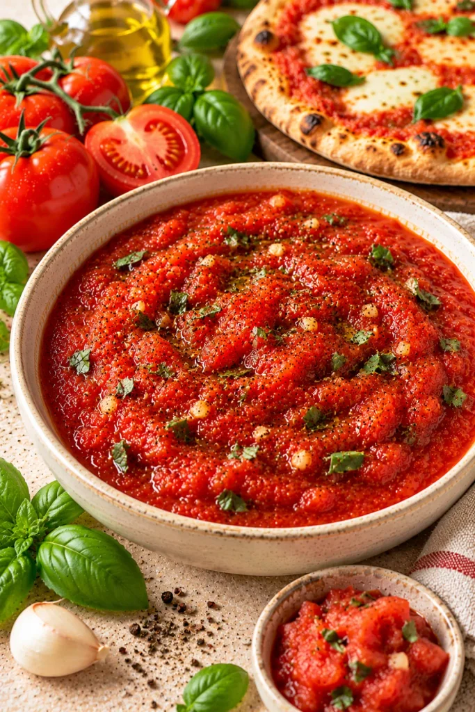 Fresh tomato pizza sauce recipes made with ripe tomatoes, garlic, olive oil, and fresh basil for vibrant homemade pizza sauce with natural garden-fresh flavor.