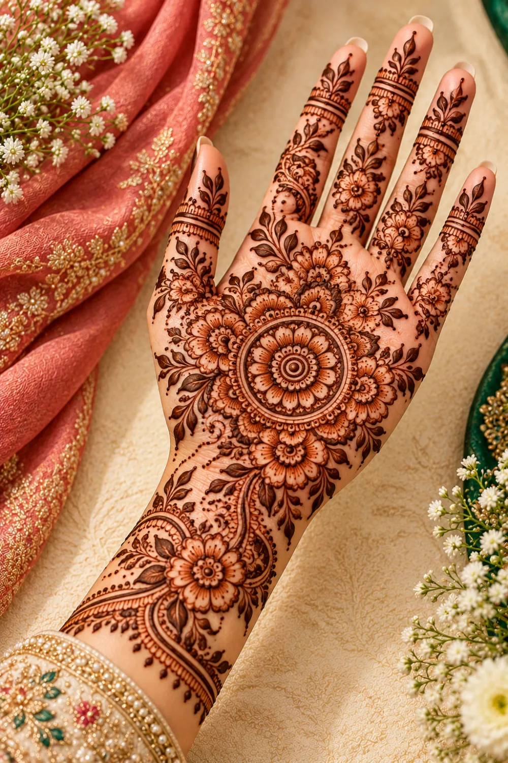 Front-palm floral mandala full-hand mehndi design with layered flower petals, leafy vines, delicate paisleys, and coordinated ornamental finger patterns.