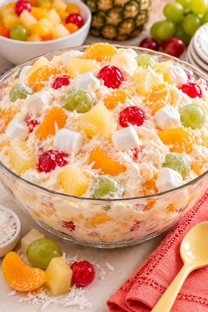 Fruit cocktail marshmallow salad with colorful canned fruit, pineapple, peaches, cherries, miniature marshmallows, whipped topping, sour cream, and coconut in a clear serving bowl for vintage potluck recipes and parties.