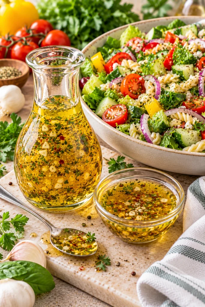 Garlic herb Italian vinaigrette with olive oil, minced garlic, oregano, basil, parsley, and black pepper served beside a colorful chopped Italian-style salad.
